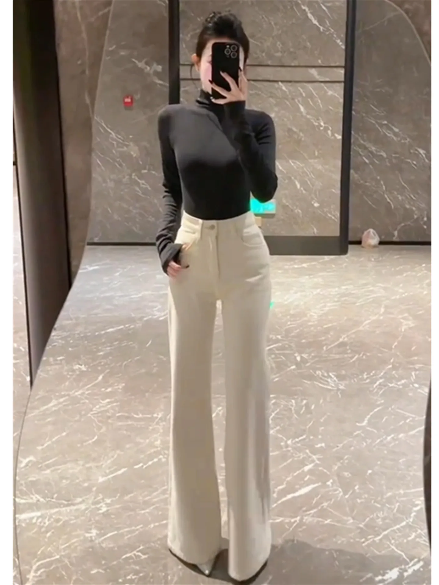 

White Bell Bottom Jeans Women's Spring Autumn Loose Drapey Not Legging High Waist Slimming Long Floor Length Pants