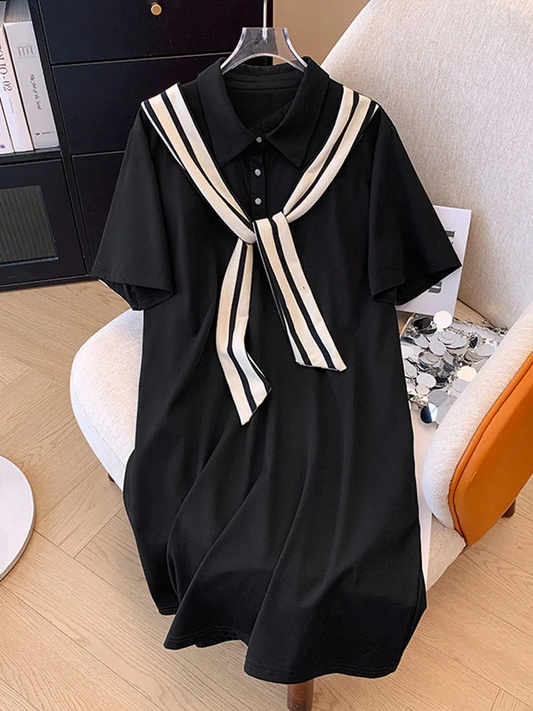 

160Kg Plus Size Women's Bust 160 Summer Loose College Style Striped Shawl Short Sleeved Dress Black 5XL 6XL 7XL 8XL 9XL