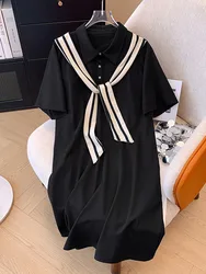 160 kg Plus Size Women's Bust 160 Summer Loose College Style Striped Shawl Short Sleeved Dress Black 5XL 6XL 7XL 8XL 9XL