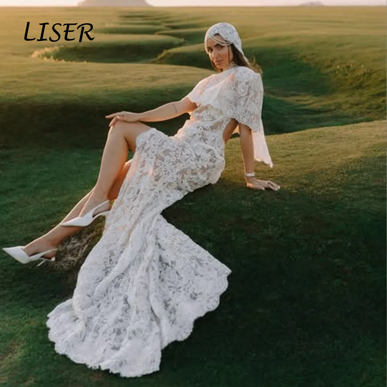 Liser Customized Ivory High Neck Cape Backless Lace Mermaid Wedding Dress Sheer Fabric Countryside Outdoor Photoshoot 2026