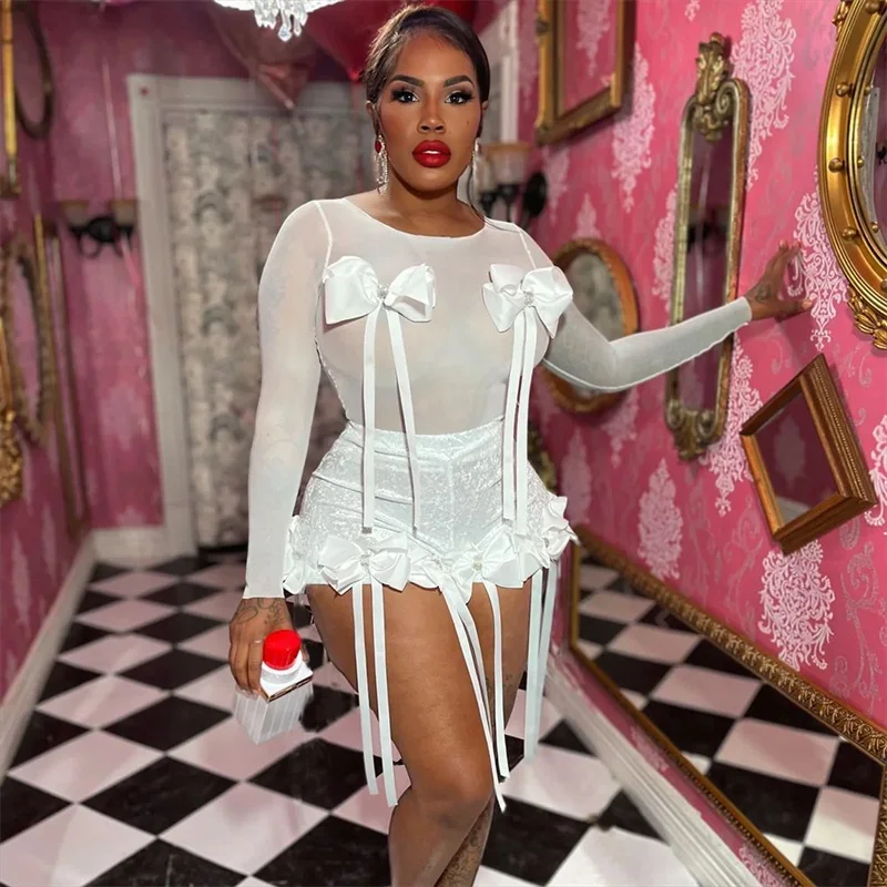 Doyerl 2 قطعة مجموعات امرأة الزي عيد ميلاد Y2K الملابس نادي شبكة انظر من خلال كم طويل بلوزات وسراويل قصيرة مطابقة مجموعات مع القوس #1