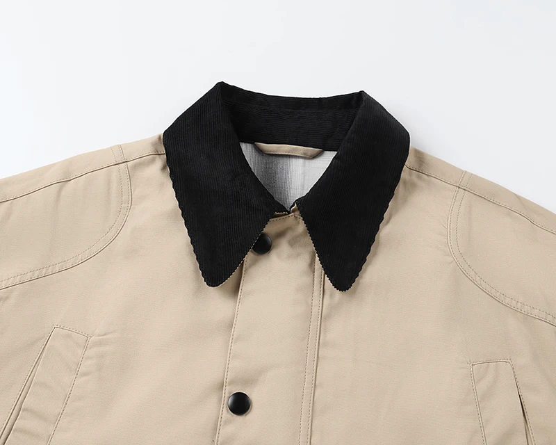 Kontrastierender Cordkragen Arbeitsjacke für Herren Vintage Utility-Jacken Vollreißverschluss Druckknöpfe Kariertes Futter Lässige Cargo-Oberbekleidung – Detail 2