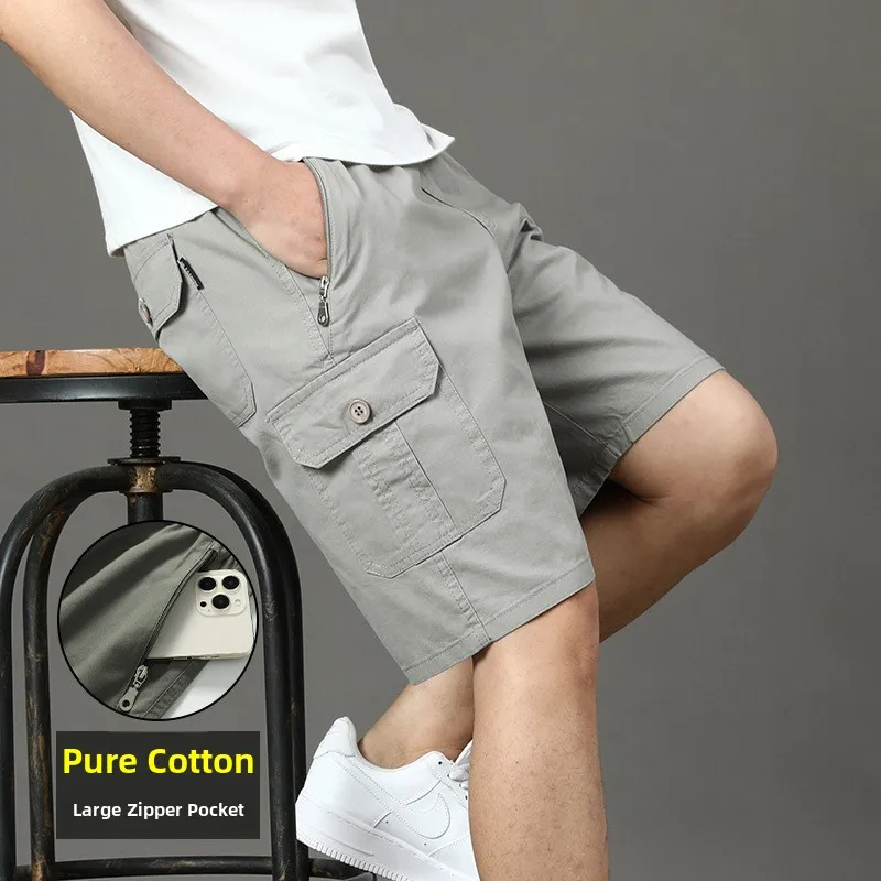 2026 New Men's Cargo Shorts Knee Pants Zipper Pocket Summer Cotton Workwear Shorts Men Climbing Jogger Elastic Waist Sports Wear
