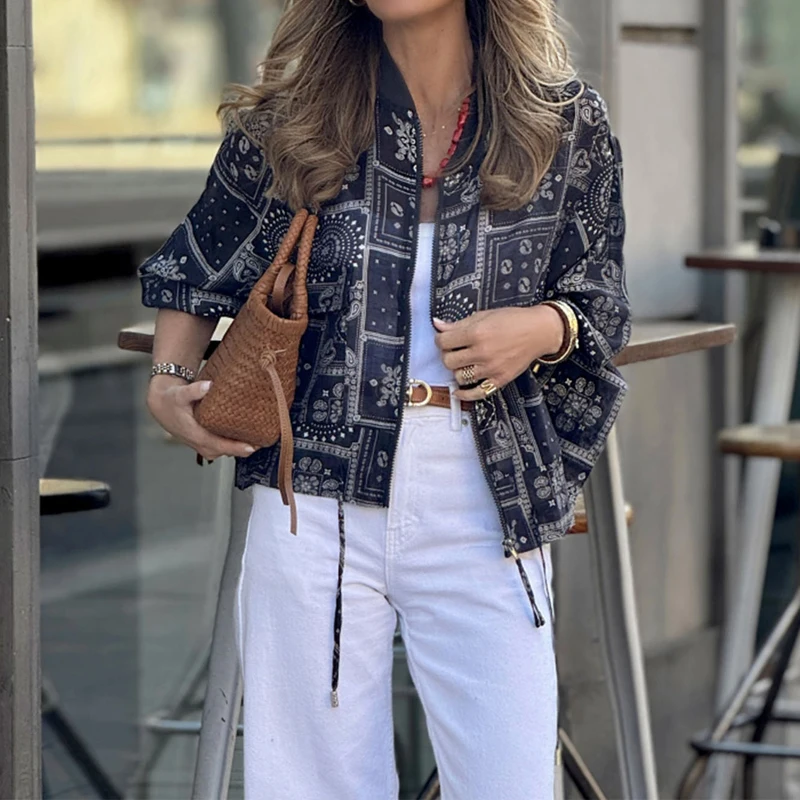 Fashion High Street Loose Tie Up Cardigan Women's O Neck Zipper Long Sleeved Outerwear 2026 Vintage Pattern Printed Autumn Coats