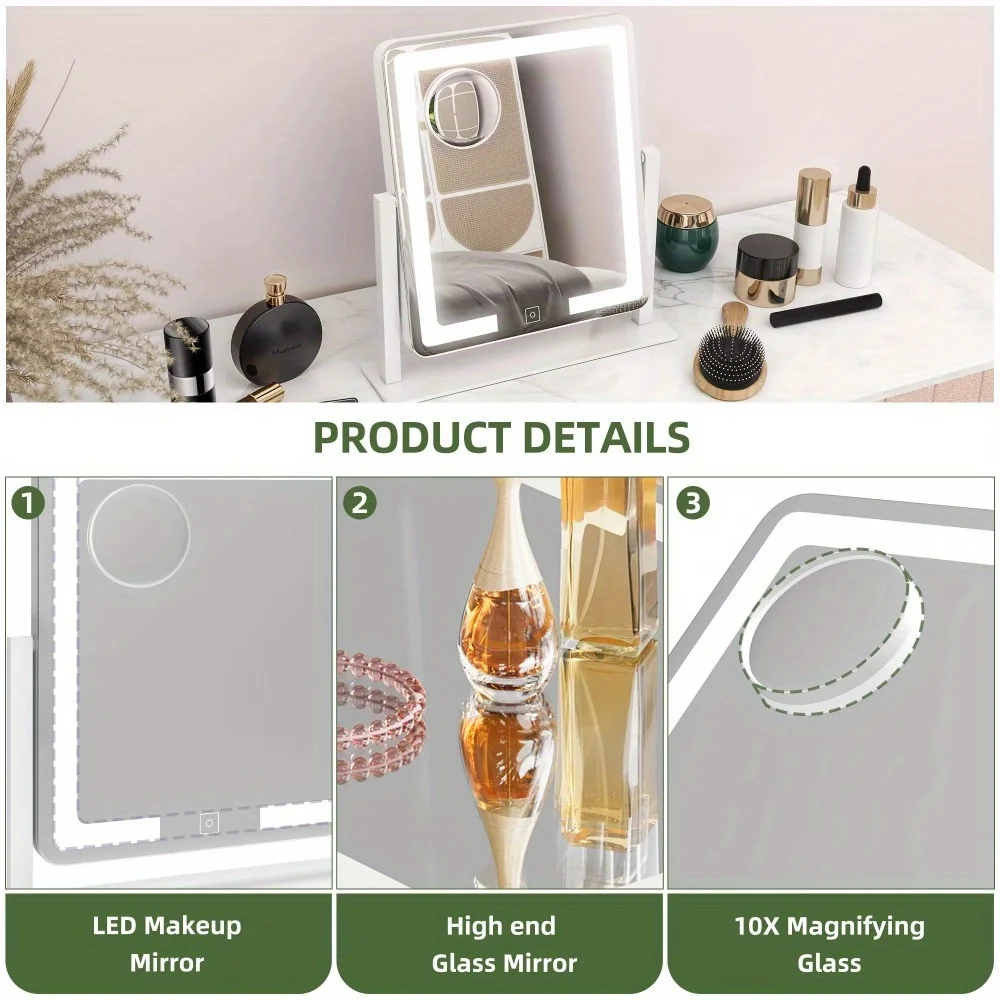 Espelho de maquiagem LED inteligente com 360 °   Rotação, ampliação 10X e 3 modos de luz, espelho de vaidade com controle de toque para maquiagem de precisão