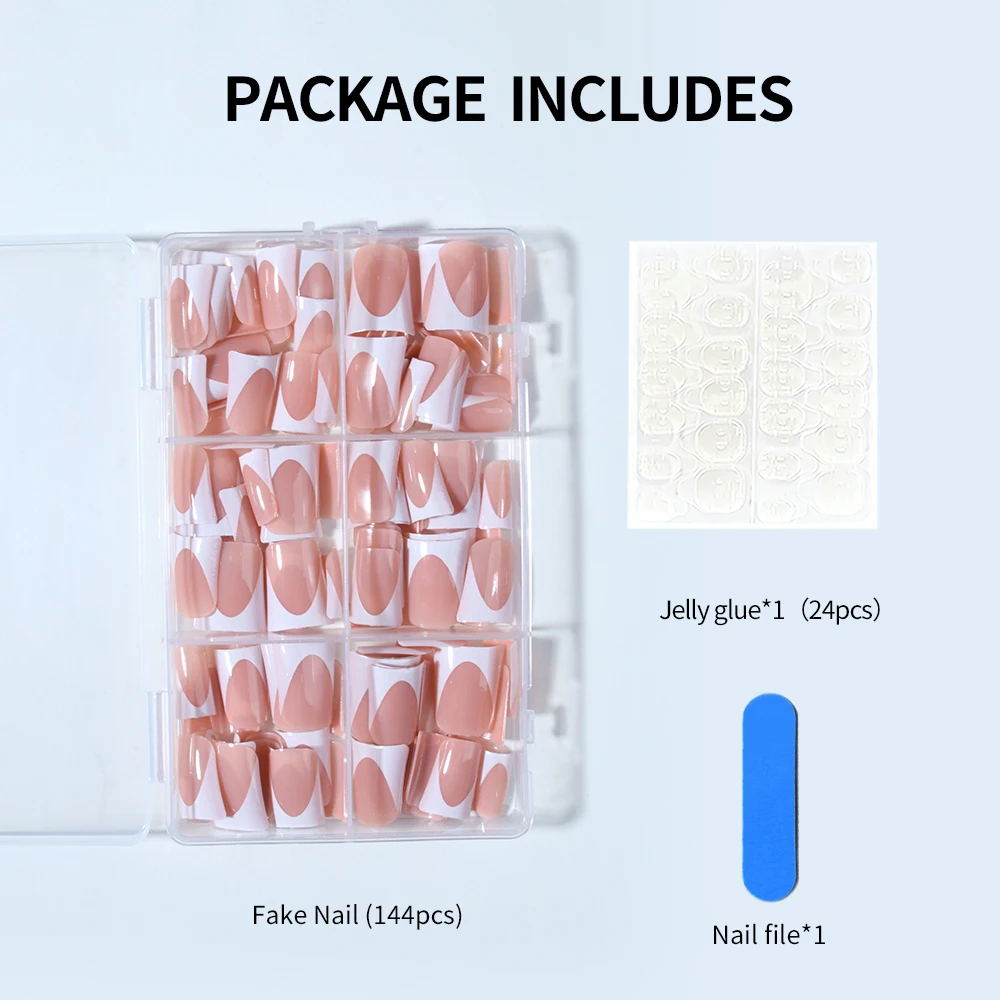 144 قطعة من أظافر البط بسيطة وكلاسيكية باللون الأبيض الفرنسي، قابلة للفصل وقابلة لإعادة الاستخدام على أظافر الأكريليك بما في ذلك مبرد أظافر واحد و
