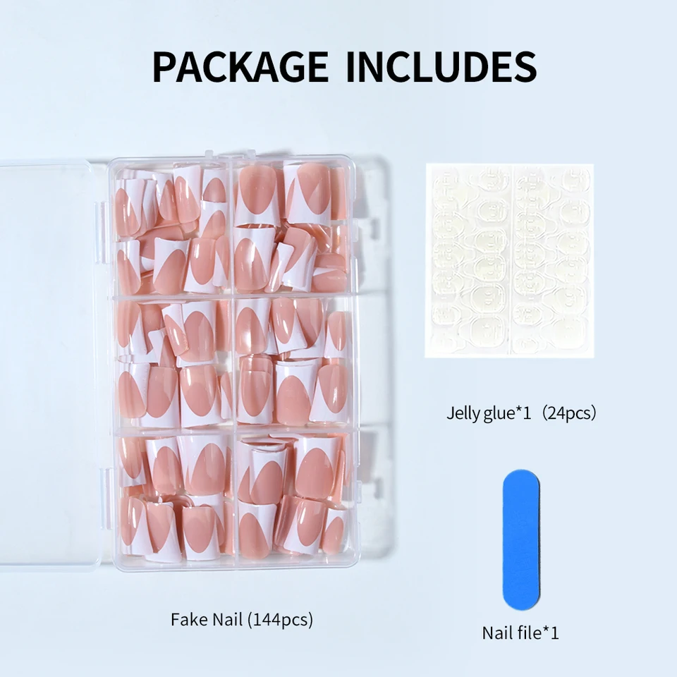 144 piezas uñas postizas de pato simples y clásicas, elegantes blancas francesas, desmontables y reutilizables, incluye lima de uñas 3