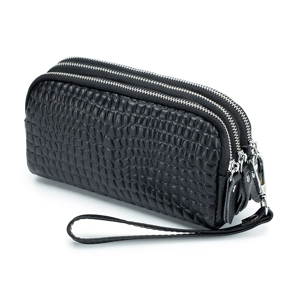 Fashion Women Clutch Wallet Genuine Leather Alligator 3 Layer Zipper Wallets Female Wristlet Purse Phone Clutches