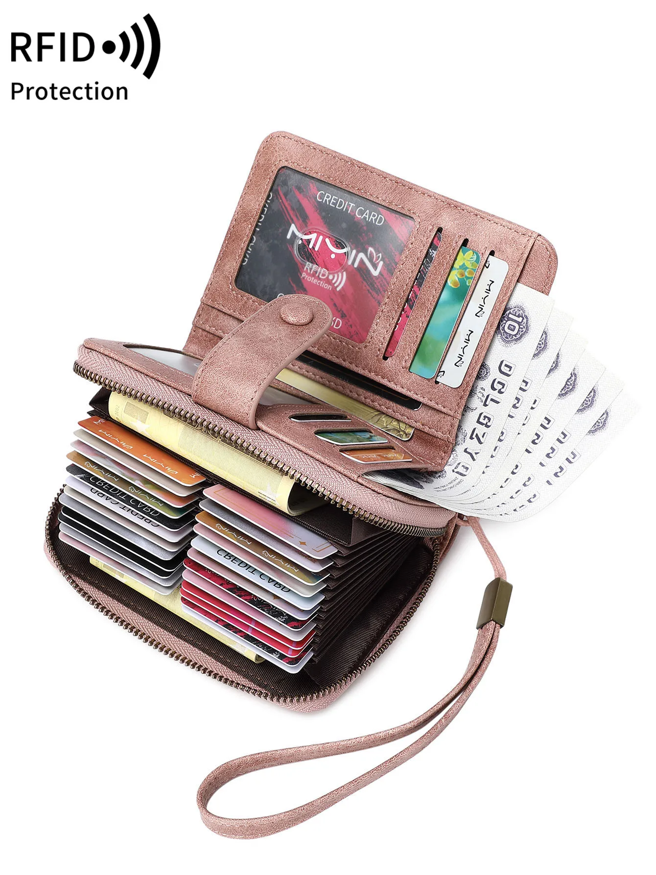

MIYIN женский кошелек с блокировкой RFID, маленький компактный двойной короткий кошелек из искусственной кожи, большая вместительная сумка для кредитных карт с ремешком на запястье