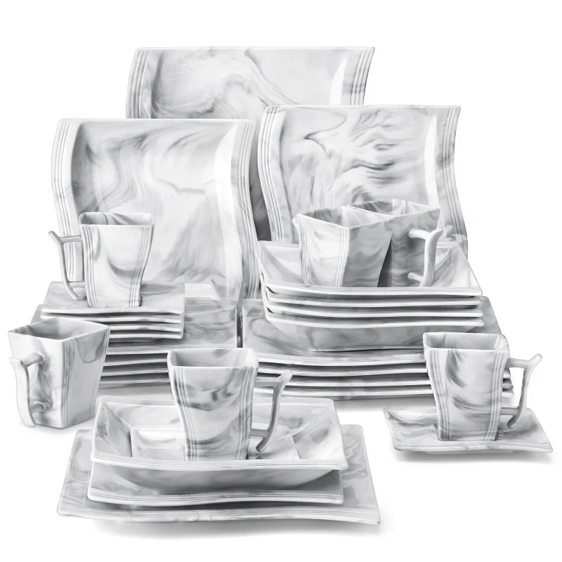 Tableware Set，30 Square Ceramic Dish and Bowl Marble Gray 6 Dinner Plate/Dessert Plate/Soup Plate/Cups and Saucers