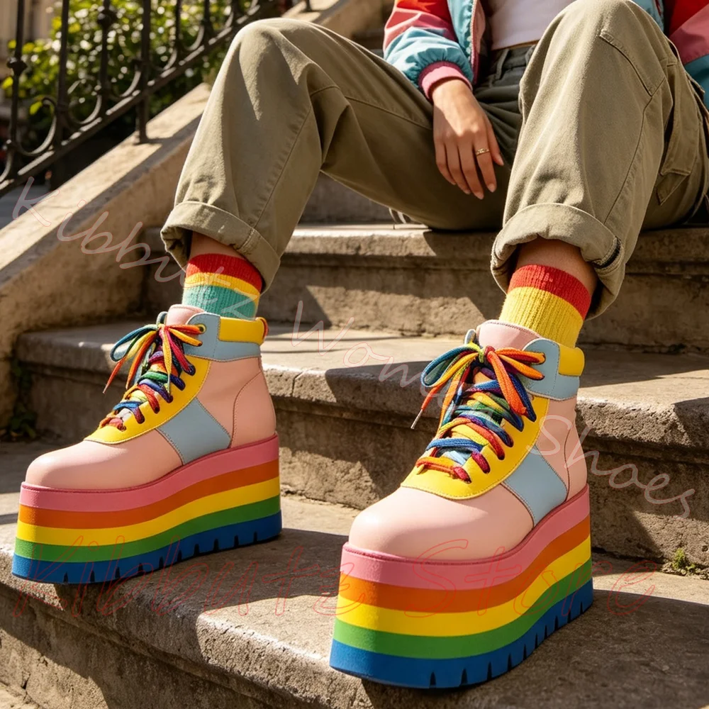 Rainbow Platform High Top Sneakers Block Layered Round Toe Gradient Sole Multicolor Laces Fashion Women Shoes