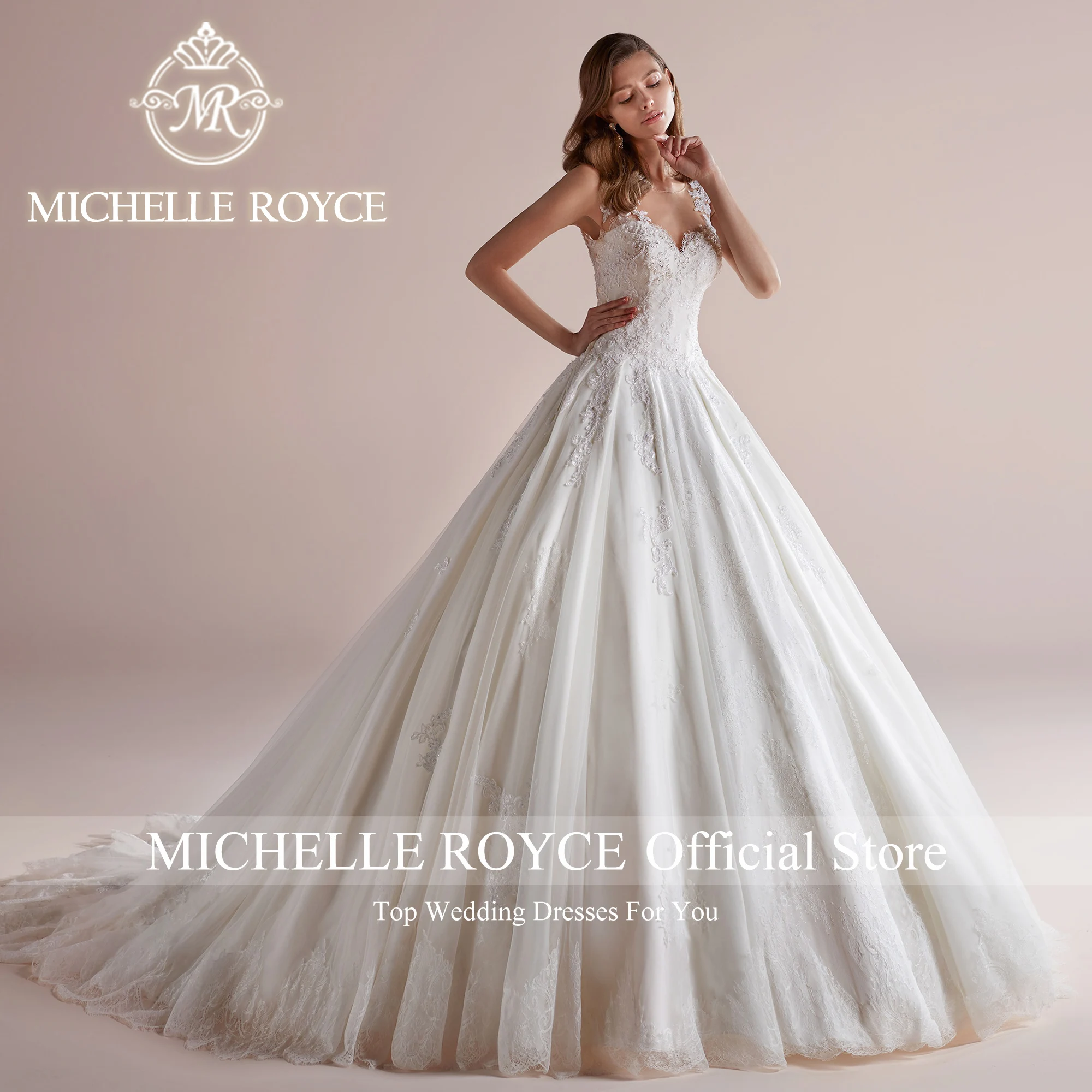 Michelle Royce-vestido De baile De lujo para mujer, Vestidos De Novia con escote Invisible, bordado, drapeado