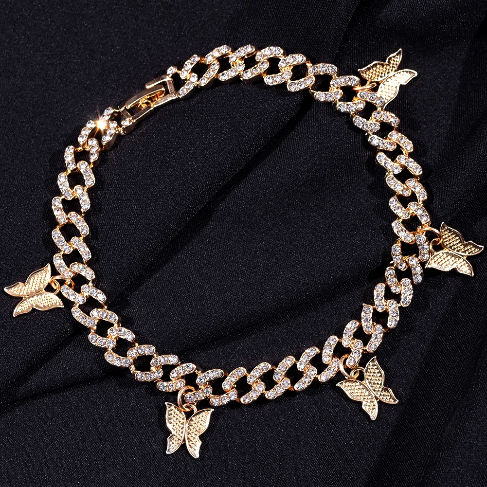 New Fashion Crystal Butterfly Anklet Bracelet For Women Iced Out Micro Rhinestones Paved Cuban Link Chain Anklets Punk Jewellery image 2