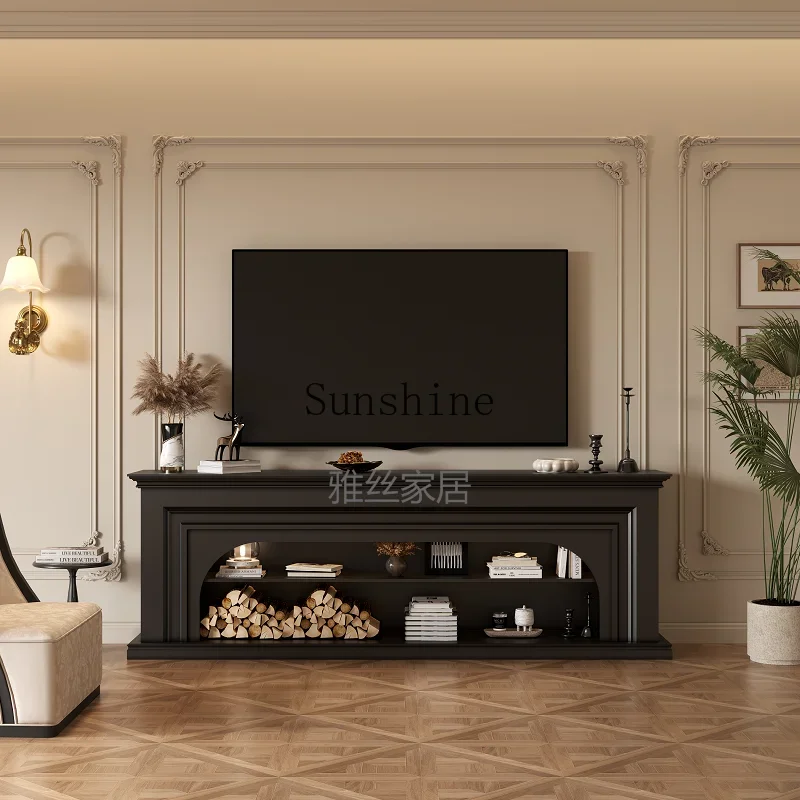 YFrench cream wind fireplace TV cabinet living room background wall retro simulation fire solid wood porch customization