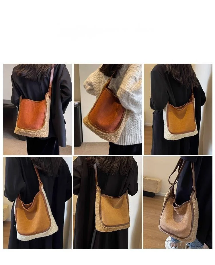 FOUR ONE Lammwollplüsch für Damen, neue, vielseitige Umhängetasche mit großem Fassungsvermögen und hochwertiger Wassereimer_voghion.com