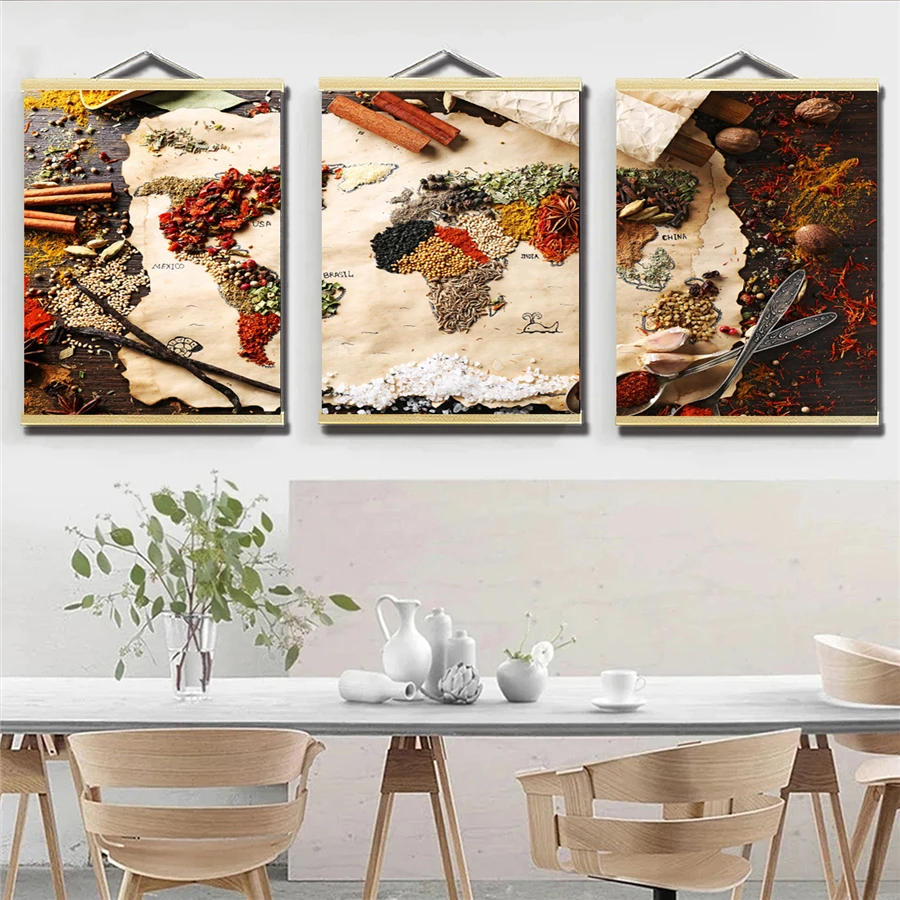 World Map Spices Canvas Hanging Poster Painting - Kitchen Scroll Hanger Picture Print Dining Room Restaurant Home Wall Decor