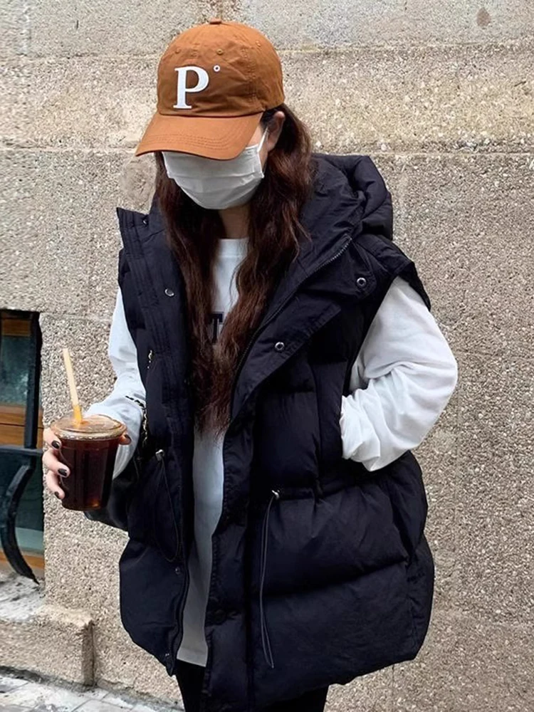 2024 새로운 여성의 몸집이 작은 느슨한 맞는 따뜻한 후드 다운 조끼 다목적 자켓 가을/겨울 겉옷