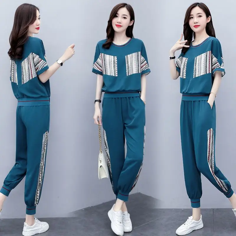 Women\'s Tracksuit Spring Summer New Casual Fashion Korean Clothes Short Sleeve Tops And Pants Two Peice Set For Women Sweat Suit