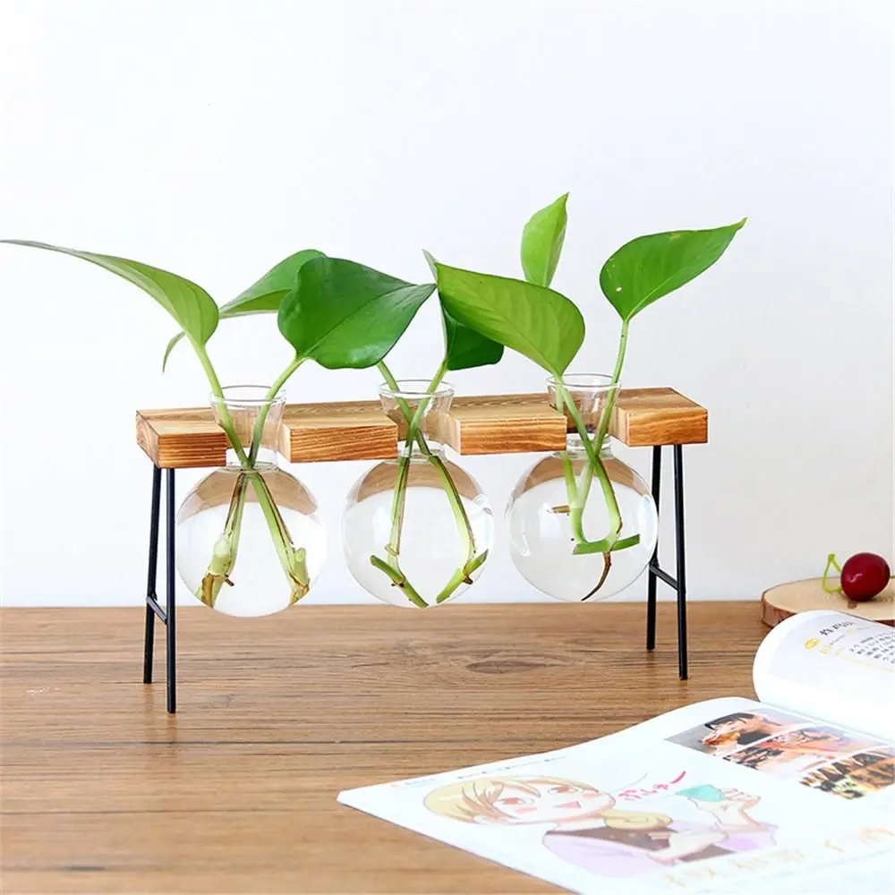 Hydroponic Plant Vases Glass Vase Vintage Bonsai Flower Pot Terrarium Tabletop Tray Wooden Frame Home Decorative Vase Crafts