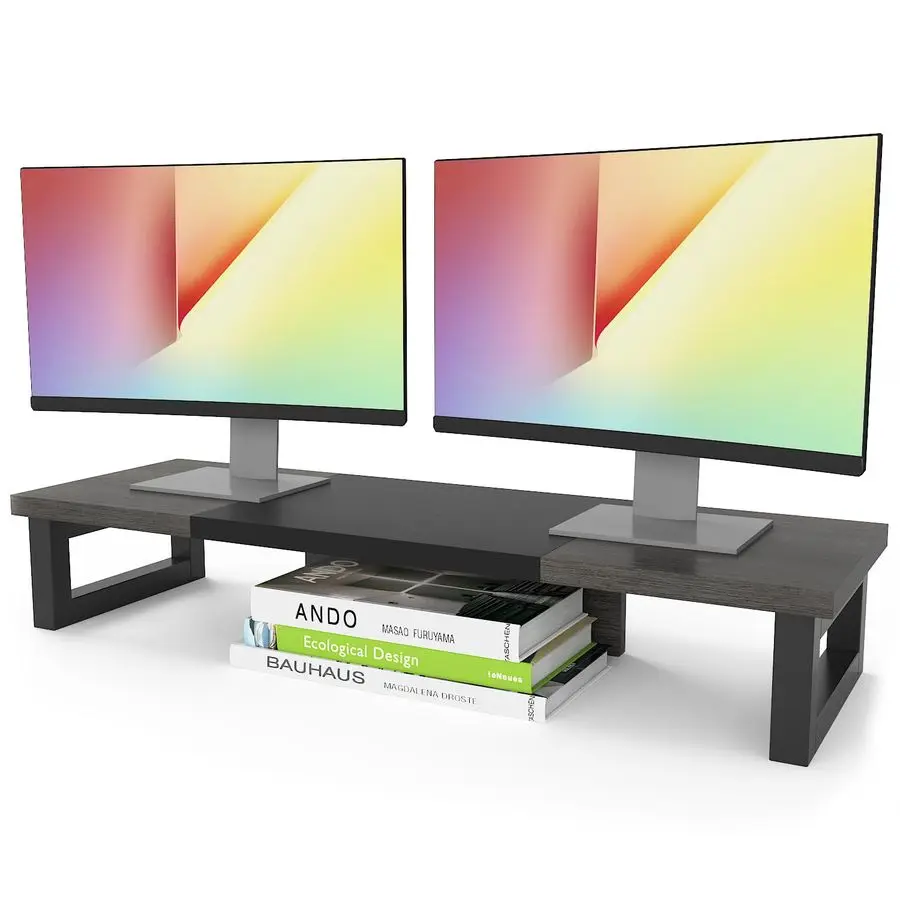 

Dual Monitor Stand Riser, Wood and Steel Monitor Stand Riser, Computer Monitor Stand for 2 Monitors, MultiPurpose Desktop Stora