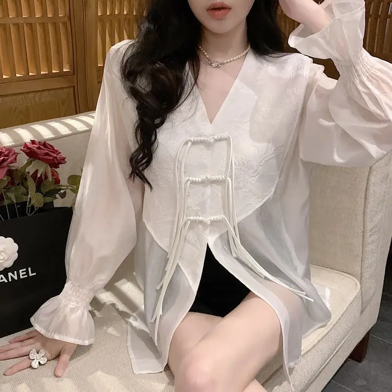 Vintage V-neck Single-breasted White Shirt Women Silk Blouse Flared Long Sleeve See-through Chic Summer Tops Mujer Clothing