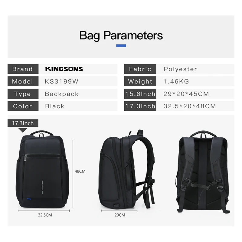 Imagem -06 - Kingsons 15.6 17.3 Mochila Portátil Externo Usb Carga Computador Mochilas Antirroubo Bolsas Impermeáveis para Homens Mulheres Grande Capacidade