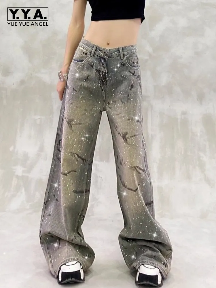 

Fashion High Waist Shiny Diamonds Women Jeans Casual Loose Fit Distressed Wide Leg Pants Hip Hop Autumn Denim Straight Trousers