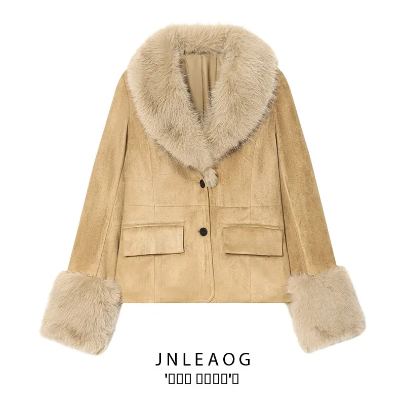 

Faionable Versatile Slim Fit Faux Fur Coat Jaet Women's Autumn New Sle Long Sve Polyester Outerwear Button Closure