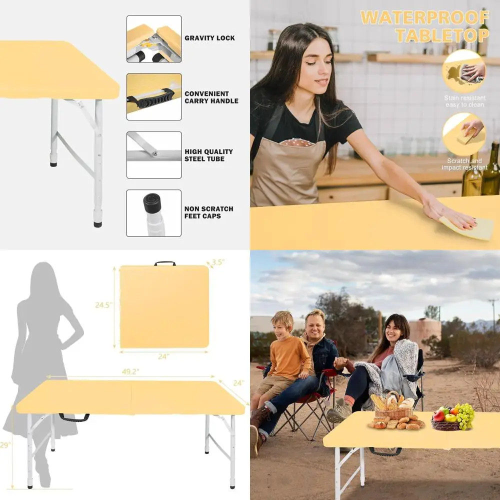 

Lightweight Portable Folding Table, 4 Feet Rectangle, Half Fold Design, Plastic, Indoor/Outdoor Use, Light Yellow