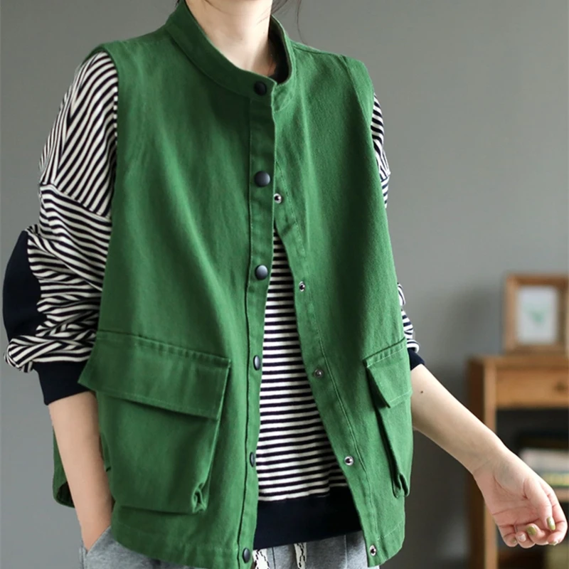 Spring Autumn New Short Women's Waistcoat Japanese Tooling Vest Jacket Literary Solid Retro Casual Sleeveless Vest Female Tops