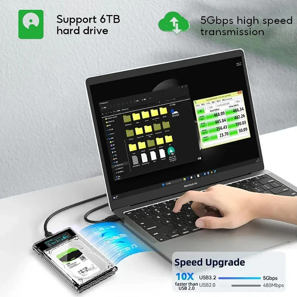 Transparent Intelligent Digital Display HDD SSD Case 2.5 inch SATA Box USB3.1 HDD Enclosure 5Gbps Mobile Hard Drive Cases For PC