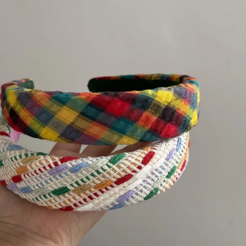 Rainbow Fabric Plaid Headband Wide Edition High Cranium Top Colored Headband Going Out Daily Versatile Hairpin Hair Accessories