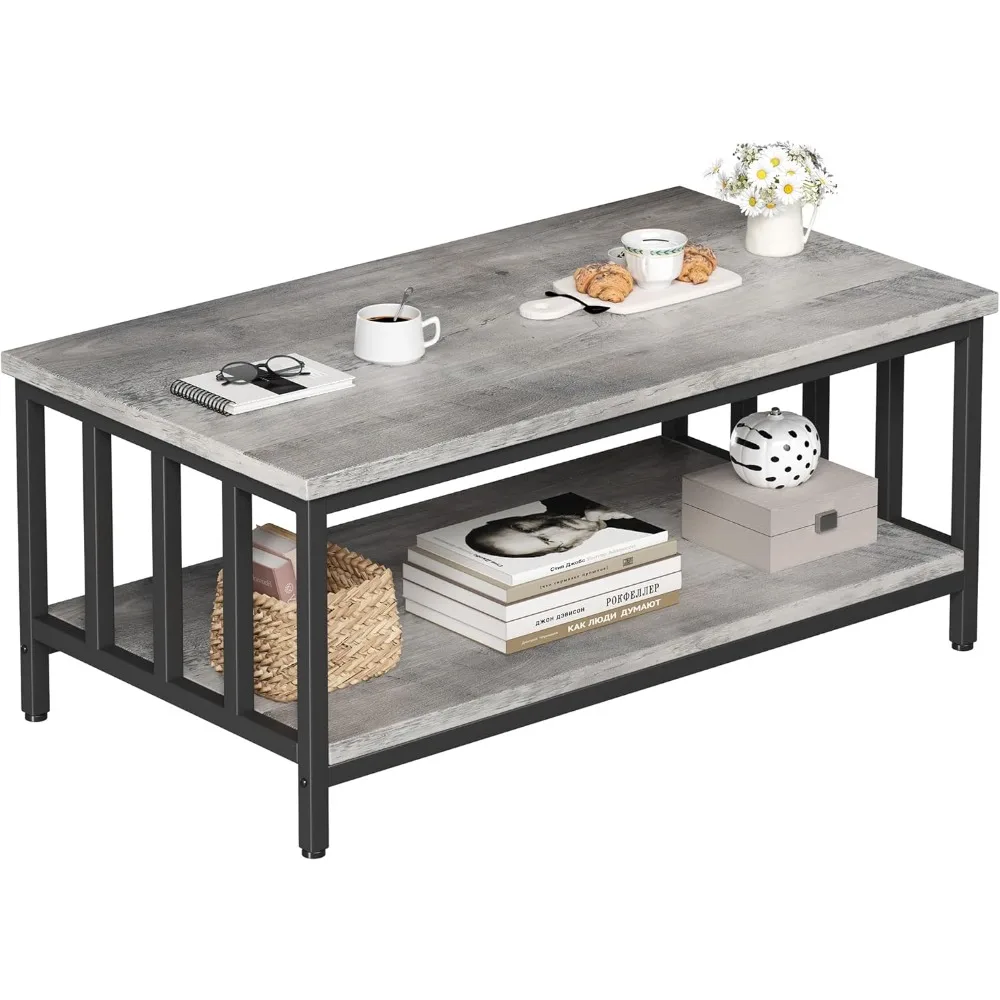 Homeiju Couchtisch für Wohnzimmer mit Lattenrost, moderner Bauernhaus-Wohnzimmertisch mit 2-stufigem Ablagefach für