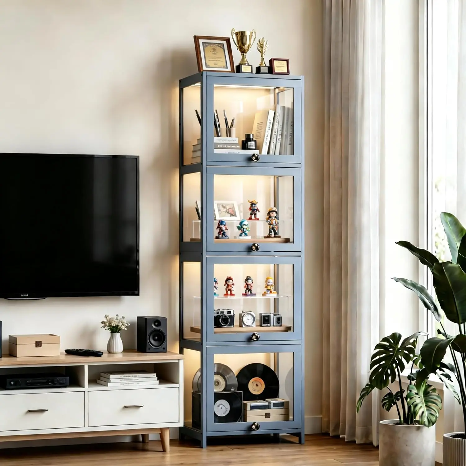 Athena Collection 4-Tier Curio Display Cabinet with Acrylic Doors, Grey