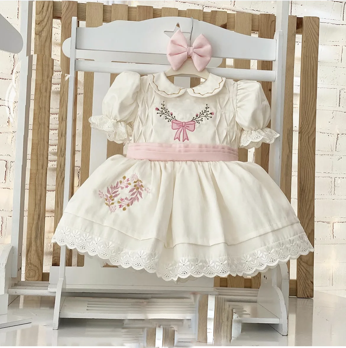0-12Y Baby Girl Summer Flower Embroidery White Vintage Princess Ball Gown Dress for Party Eid Birthday Photography Casual B86