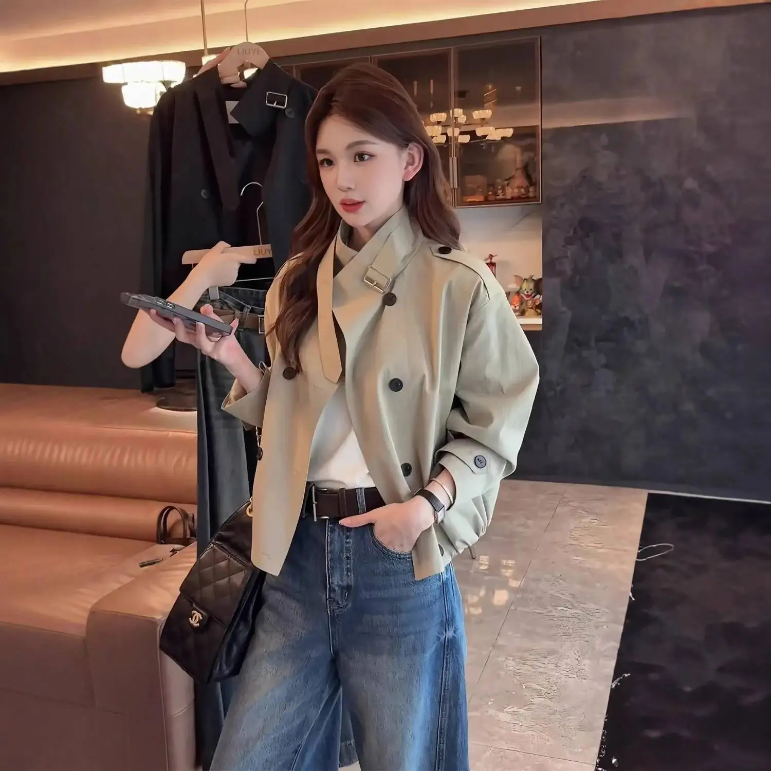 Casual British Short Double-Breasted Coat Women's Loose Fit Shirt Collar Outerwear Autumn New Arrival Fashion Lady Style