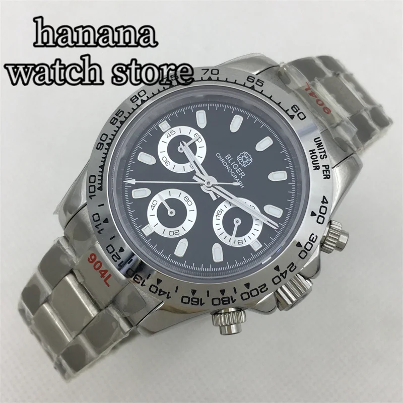 39 ミリメートル VK63 クォーツクロノグラフ腕時計男性用ブラックホワイトダイヤル発光 VK63 ムーブメントサファイアクリスタルステンレスブレスレット