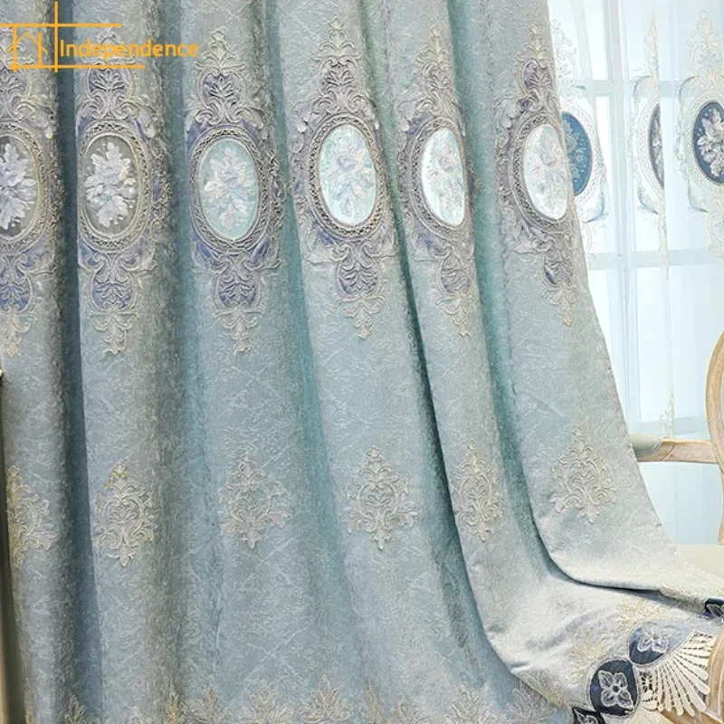 New Aqua Green Hollowed Out Embroidered Window Screen Jacquard Chenille Curtains for Living Room Bedroom French Window Balcony