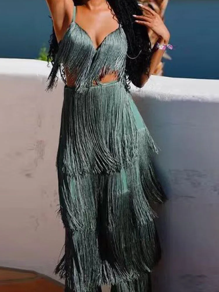 

Женская одежда с кисточками, ажурный вечерний костюм, сексуальный облегающий комплект с открытой спиной, комплект из двух предметов, бюстгальтер с глубоким вырезом и v-образным вырезом, топ с длинными брюками