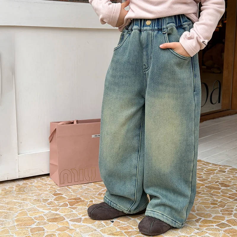 

UNITIM Toddler Girls Jeans Elastic Waist Thicken Warm Kids Baby Girl Demin Pant New Winter Versatile Children 1-14Y Girl Trouser