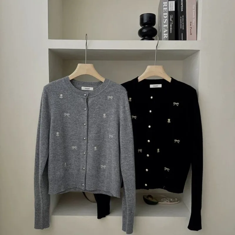 Cardigan de malha de outono com laço bordado coreano para mulheres jaqueta suéter solta