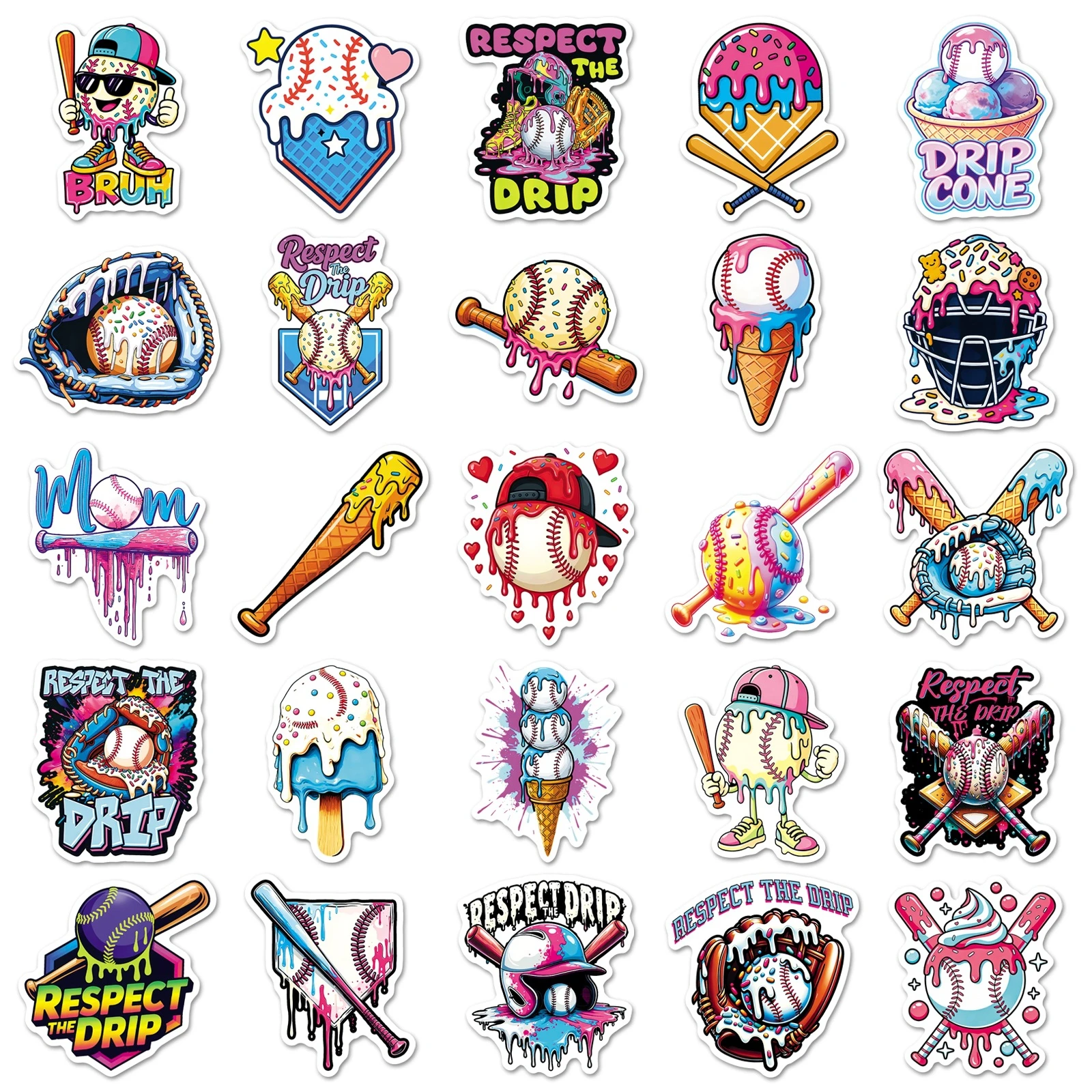 2026 new 50 drip baseball stickers, new colorful graffiti baseball hot selling sports waterproof stickers, toy gifts