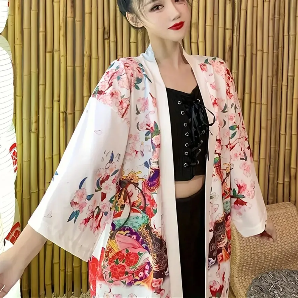 Cárdigan de protección solar para vacaciones en la playa para mujer, Kimono estampado tradicional japonés Mori, tela suave y cómoda