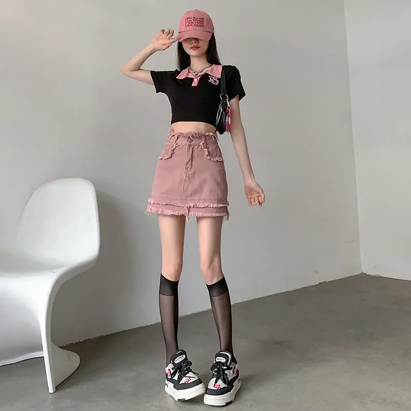 Korean Version Of Sakura Pink Hot Skirt Women'S Summer High Waist Slim Hairy Hip-Packing A-Line Skirt Prevents Exposure
