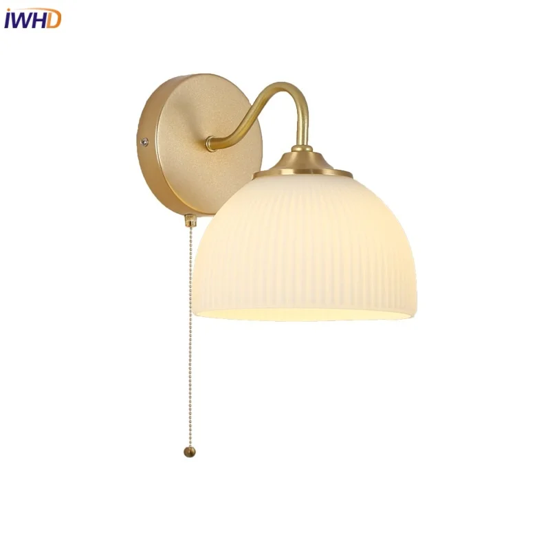 

IWHD Iron White Glass LED Wall Lamp Sconce Dining Living Room Aisle Pull Chain Switch Nordic Modern Simple Stair Light Fixtures