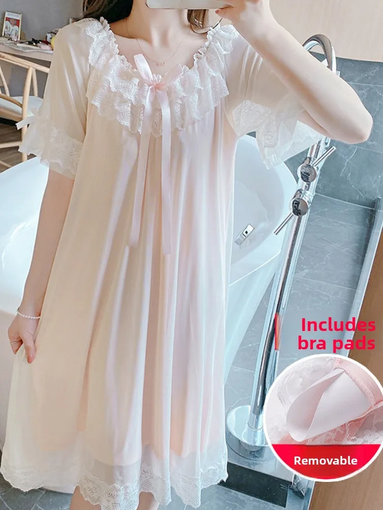 Sweet Princess Style Short Sleeve Sleepwear with Chest Pad Lace Trim Modal Fabric Comfortable Breathable Women's Nightgown