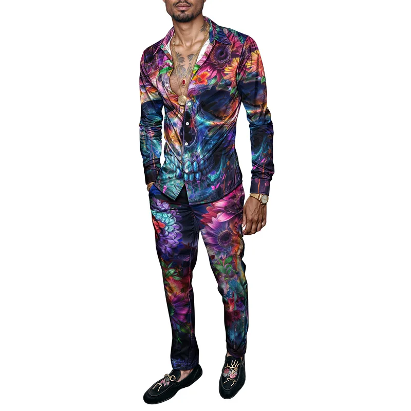 

2026 Модный весенне-летний мужской комплект рубашек с принтом черепа, модные цветы и растения, комплект из 2 предметов, мужской легкий комплект с принтом для вечеринки