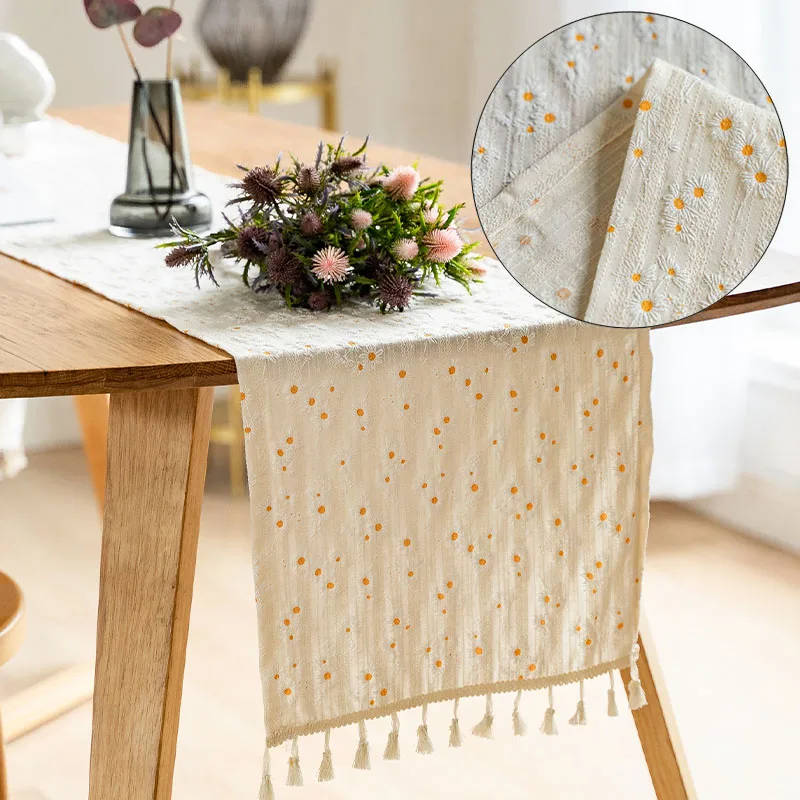 

Korean Style Daisy Tassel Cotton Table Runner Kitchen Dining Table Covering Cloth Home Party Decor For Wedding Dining Room