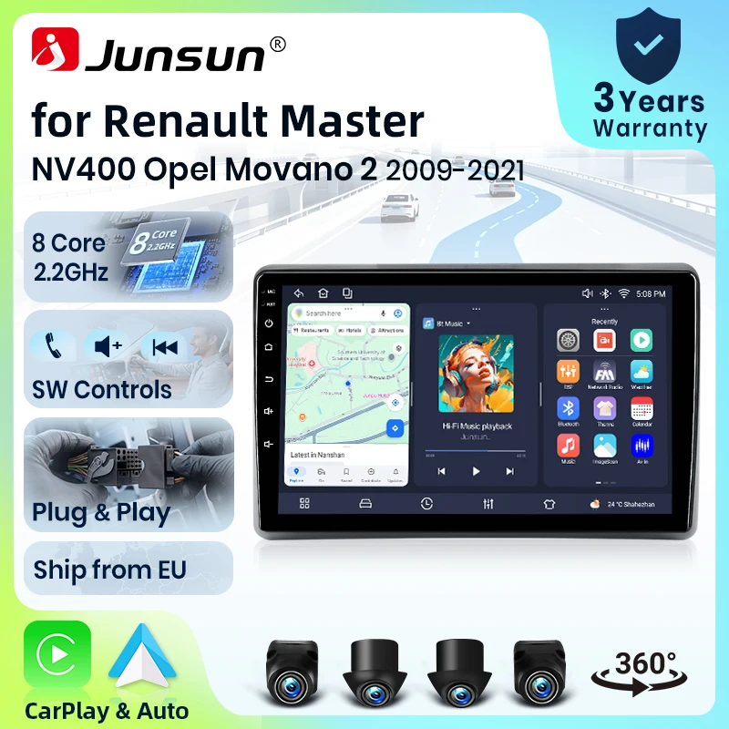 Autoradio Junsun 8 cœurs 4G WiFi pour Renault Master 2019 2020 2021 2022, écran IPS, CarPlay, Android Auto, GPS, Navi, stéréo, SWC, BT, FM, AM, RDS, DSP, 2Din, Mirror Link, lecteur multimédia, commande vocale AI, caméra 360, mise à jour OTA en option, unité principale