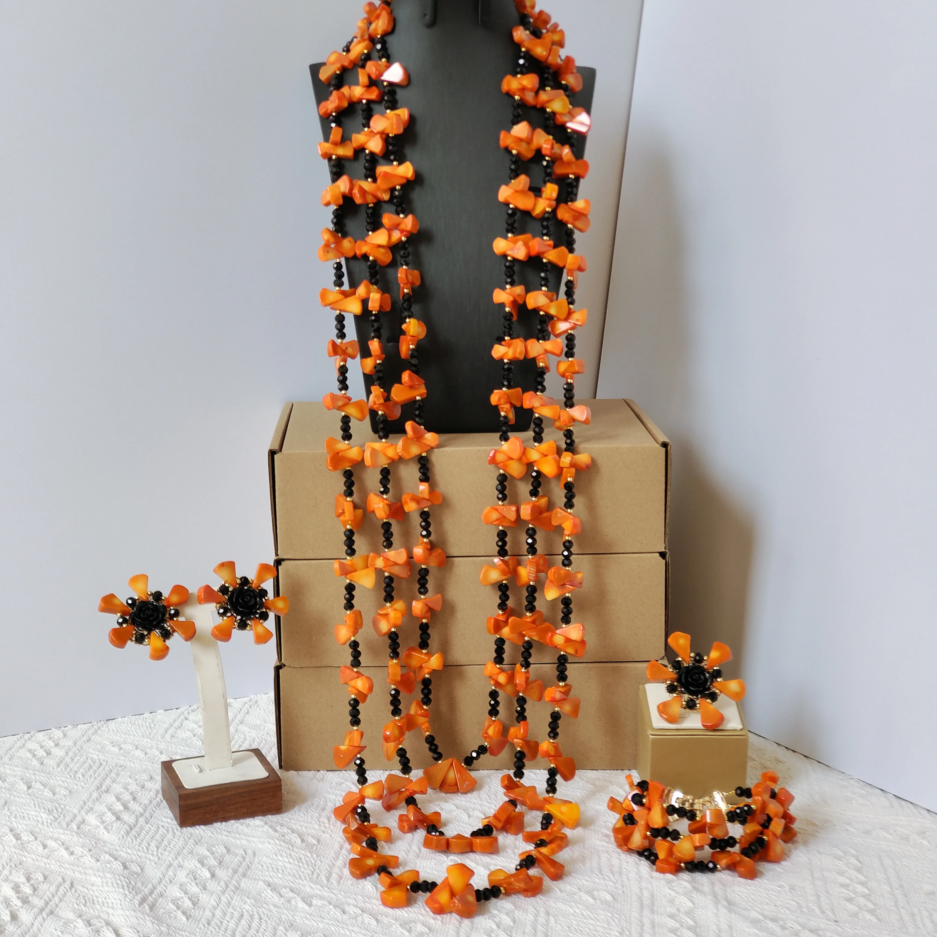

Black and Orange Nigerian Wedding Coral Beads Jewelry Sets Necklace Bracelet Earrings Ring